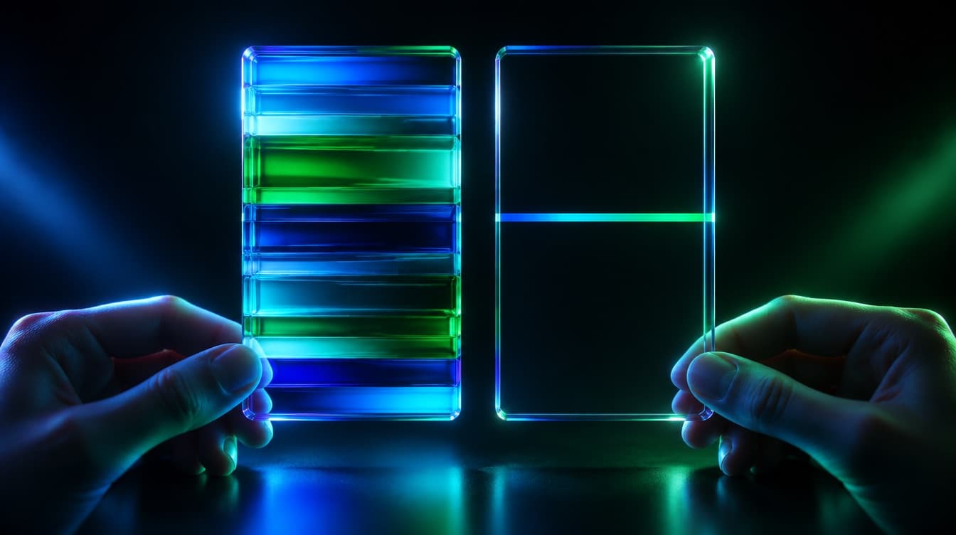 Two glass panels held up side by side at identical size, one filled edge to edge with dense layered colour blocks and the other holding a single thin stripe
