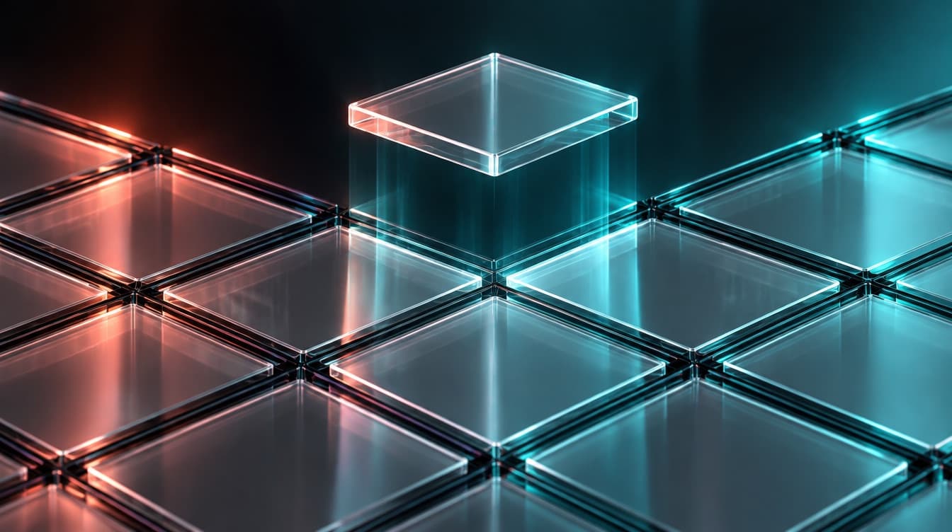 A strict glass grid snapping a set of translucent tiles into perfect alignment, every tile itself blank and colourless, lit coral and teal on the structure only