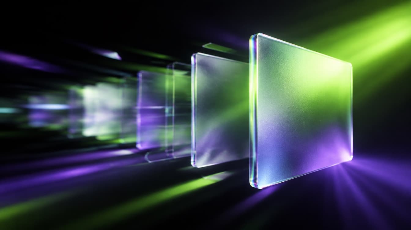 Frosted glass panels assembling at extreme speed out of black space with long motion blur trails behind each one, lit acid green and deep violet