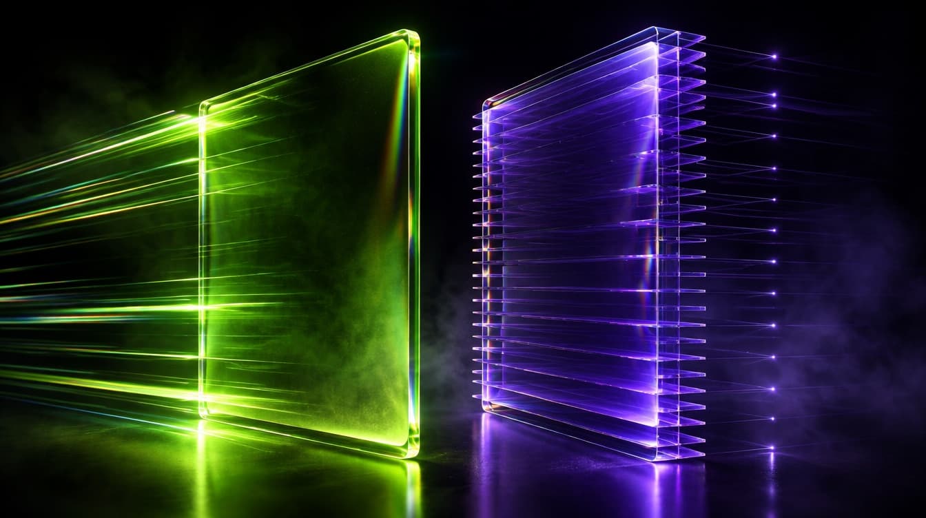 One glass panel finished in a single instant with visible speed lines, beside a second built slowly in many precise measured layers