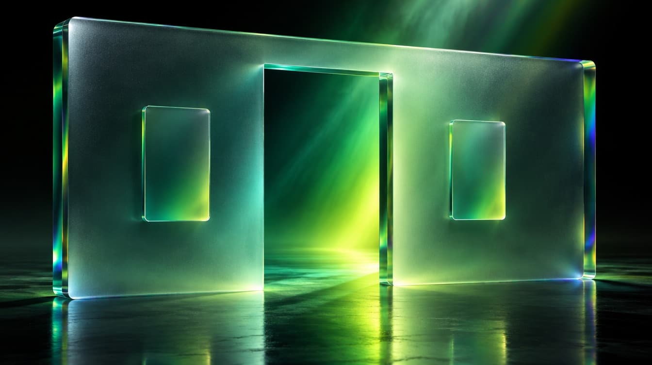 A thick frosted glass wall with a doorway-shaped opening cut clean through it, identical glass cards standing on both sides, emerald and lime light pouring through the gap