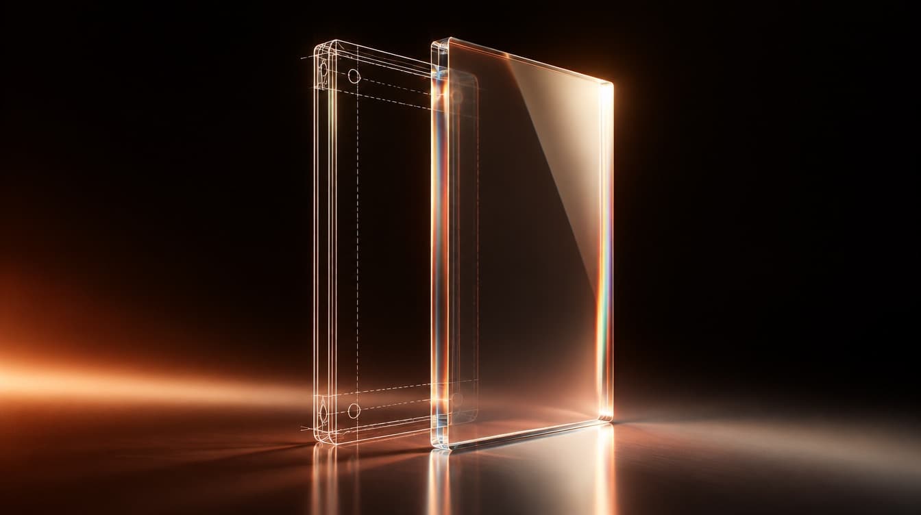 A finished glass panel standing beside its own transparent blueprint ghost, the two aligned exactly, construction lines visible behind the solid one