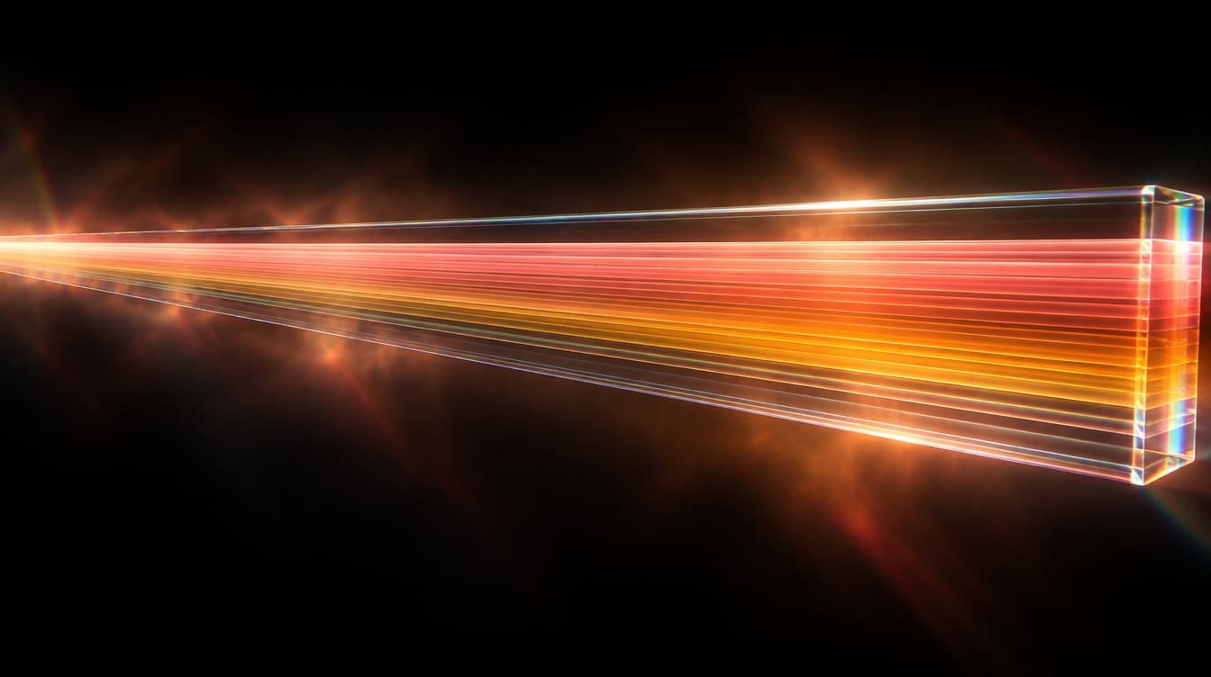 A long horizontal glass beam holding an enormous continuous run of small layered colour bands from one end of the frame to the other