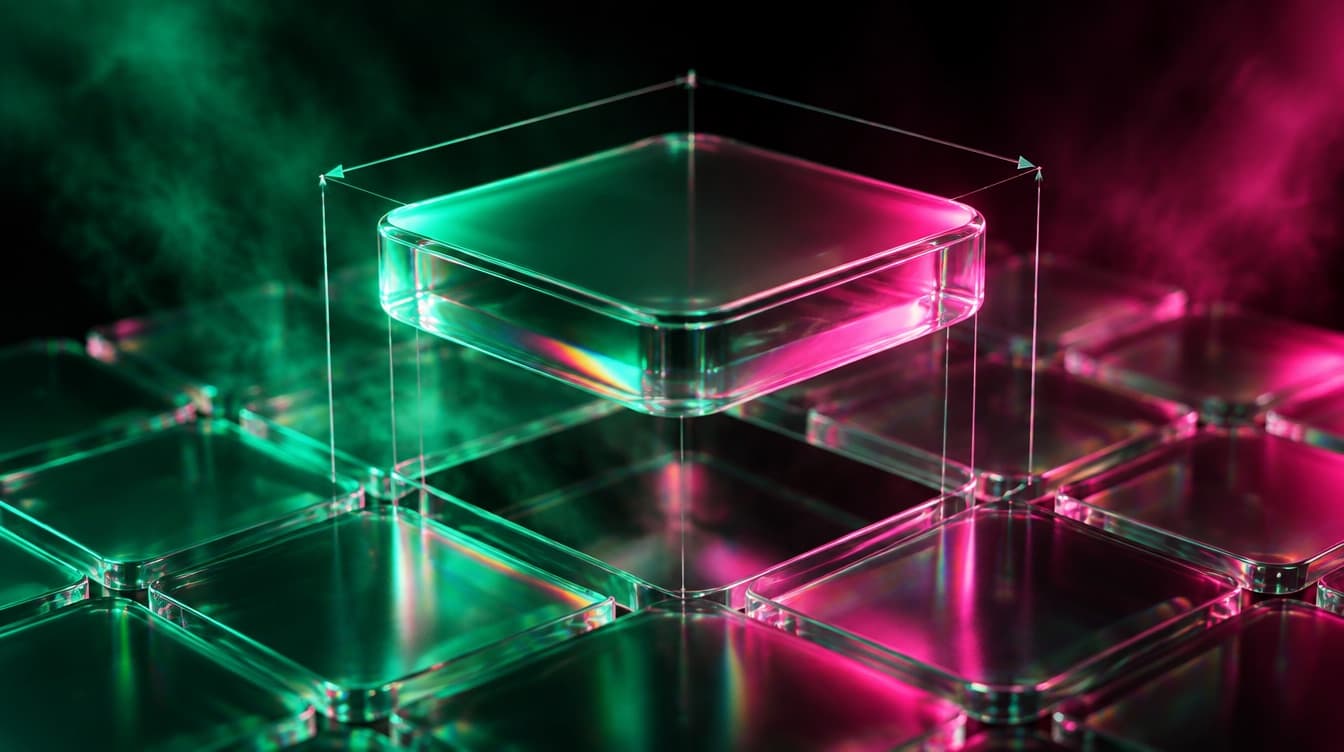 One product plate lifted out of a glass grid and enlarged, its surrounding space and proportions measured by fine glass guides