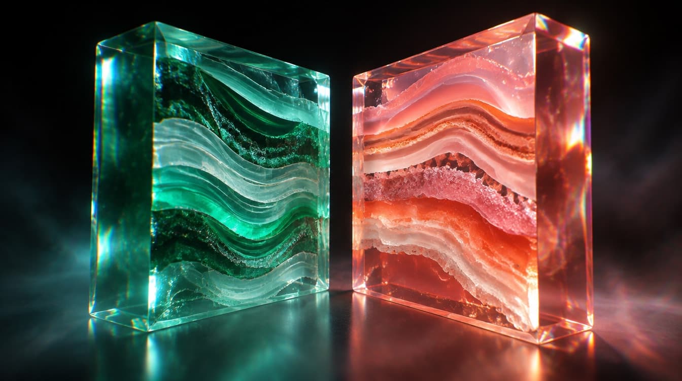 Two glass slabs cut open side by side, one emerald and one coral, their internal layer patterns clearly different from each other
