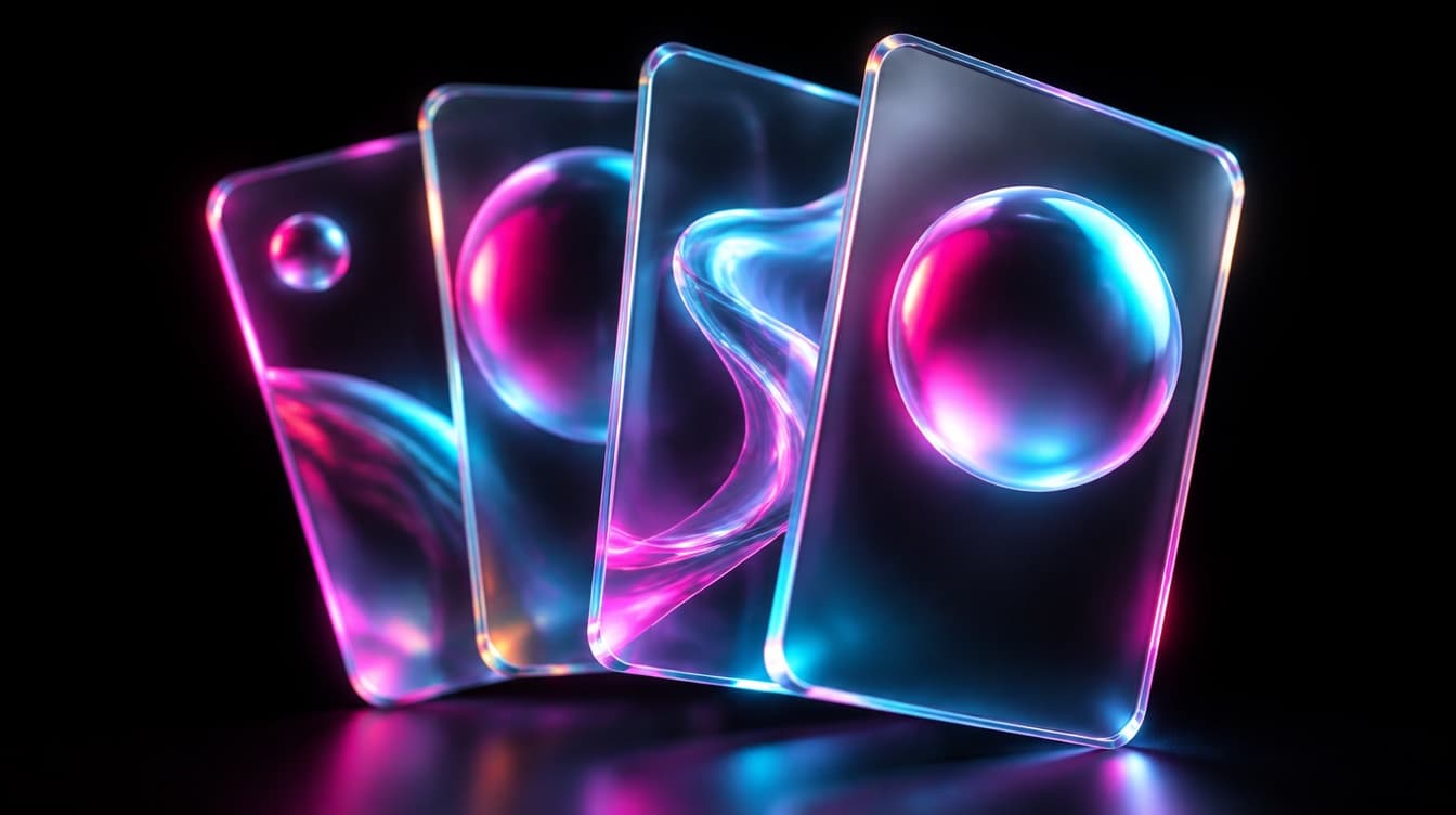 Four variations of the same hero glass panel in a tight fan, each with its dominant element in a different position and at a different scale