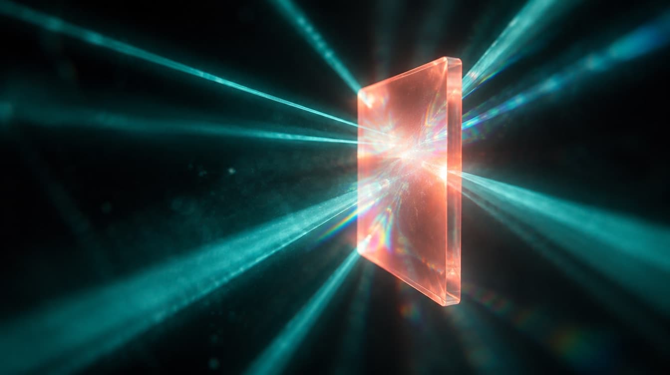 Many scattered teal beams converging through black space onto one single glowing coral glass panel at the focal point