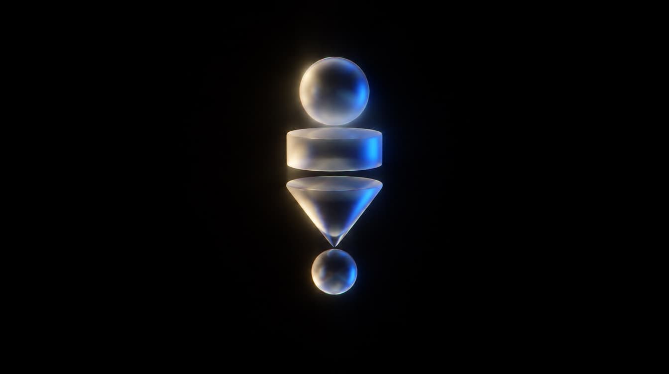 One frosted glass composition of extreme restraint floating in vast black space, only four elements in it, perfectly aligned, with enormous empty margins