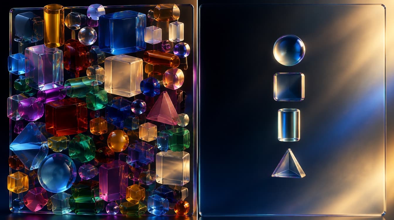 A vertical split with a cluttered glass panel crowded with mismatched colour blocks on the left and a panel holding four aligned elements on the right