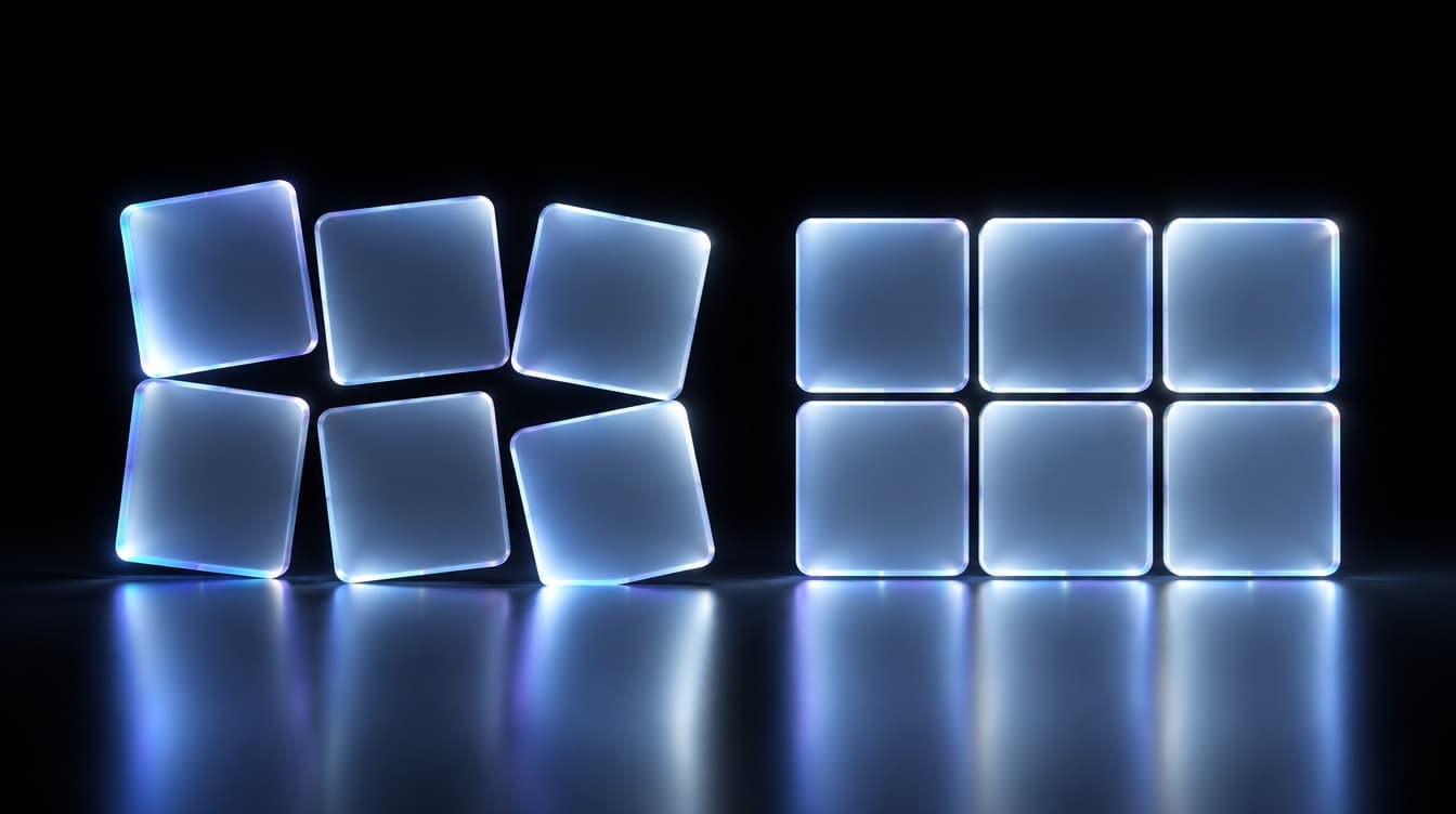 Two groups of glass tiles, the left sitting crooked and unevenly spaced, the right in exact alignment on a visible baseline