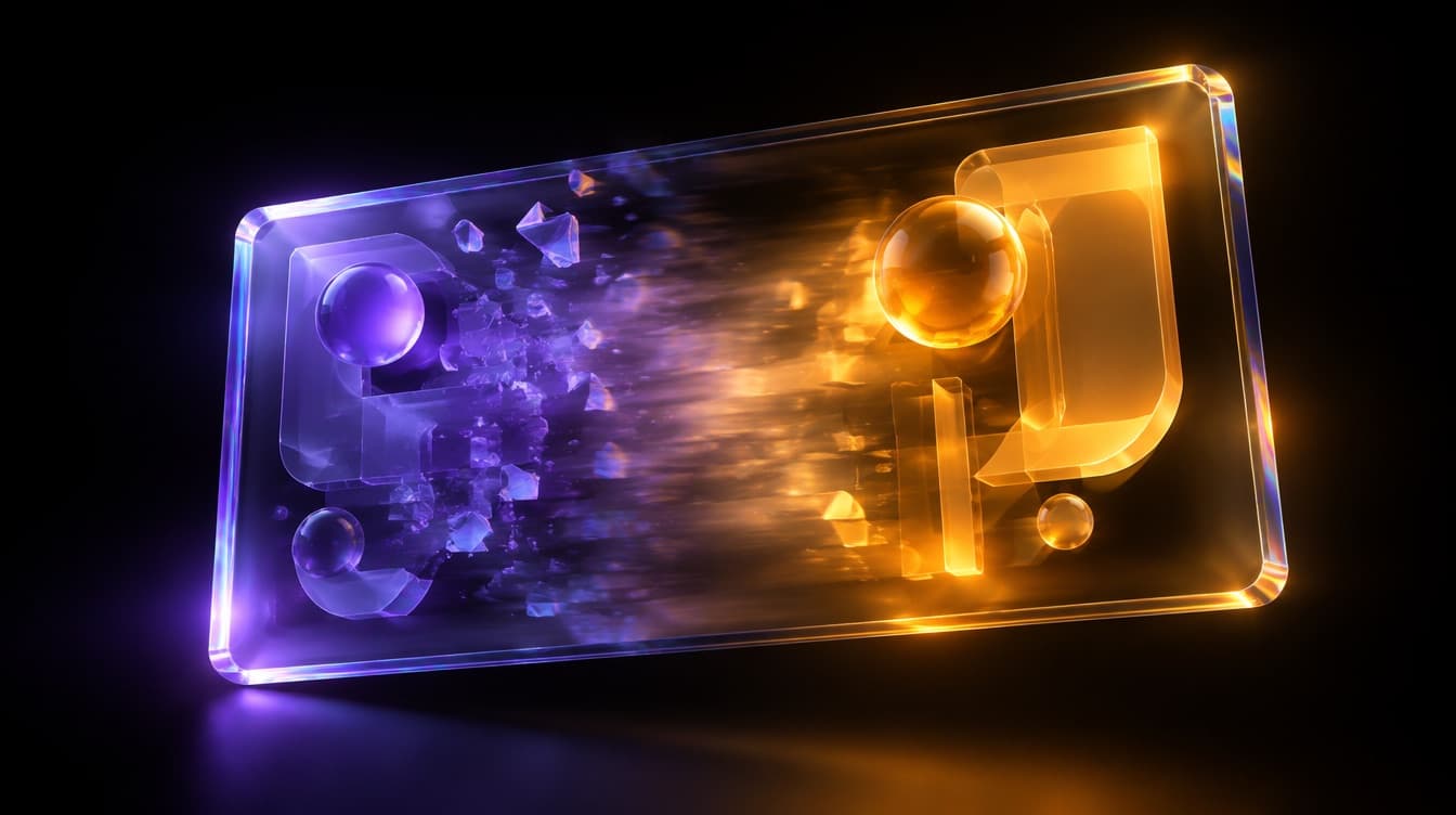 A glass panel being rebuilt, its generic violet composition dissolving on one side while a distinctive amber composition assembles on the other