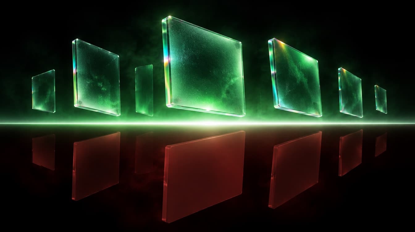 A horizontal threshold line of light, glass panels above it glowing green and fully detailed, panels below it dim, flat and dull red