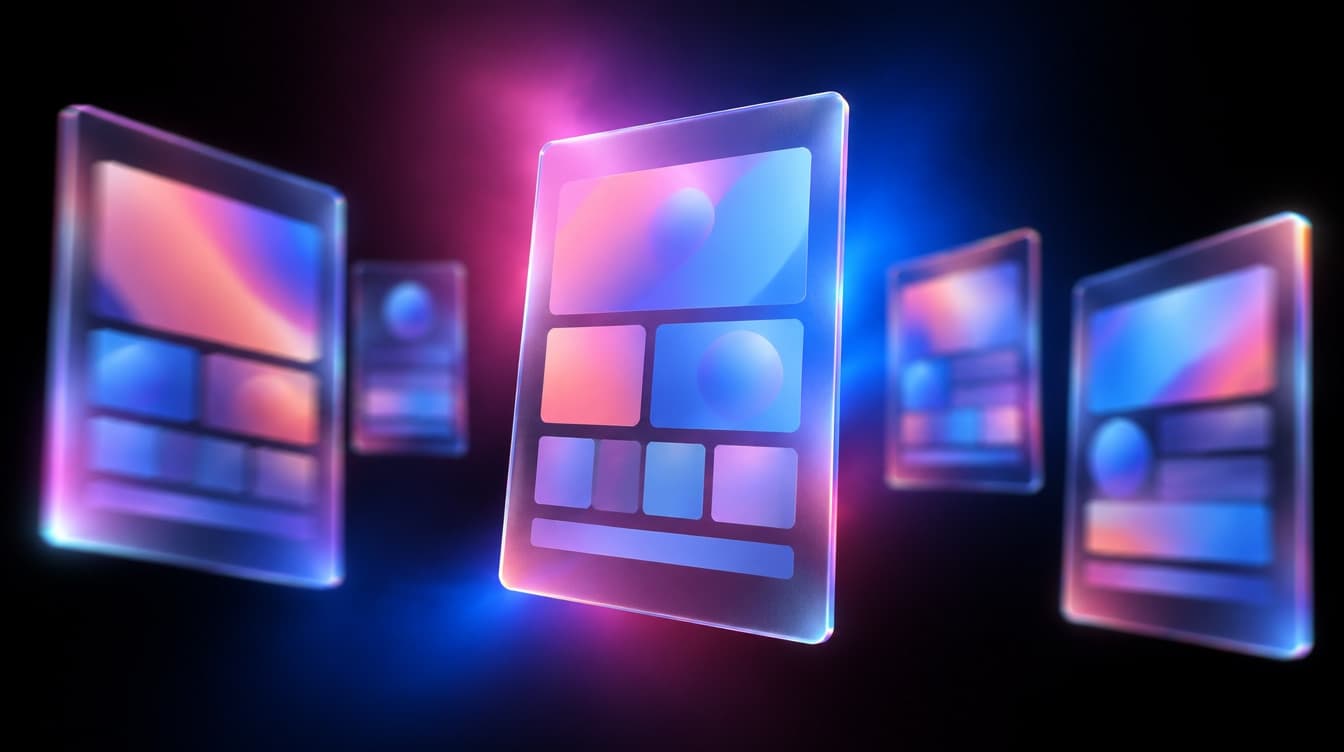 Five frosted glass panels floating at different depths in black space, each holding an abstract layout of colour blocks, the centre one crisp and the rest falling into motion blur