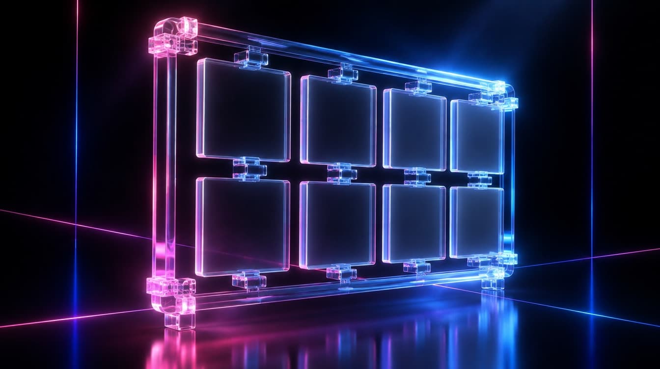 A precise glass armature holding translucent tiles in perfect alignment, the armature brightly lit while every tile inside it is blank and colourless