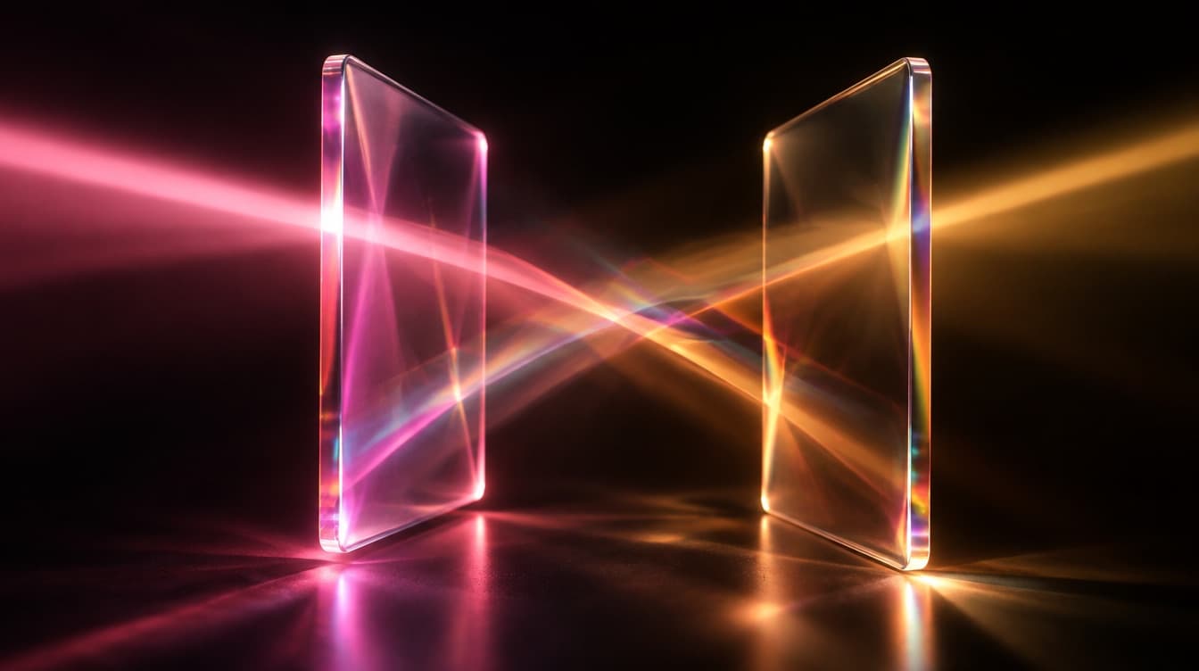 Two glass panels facing off, one lit rose and one lit burnt gold, their beams meeting and refracting between them