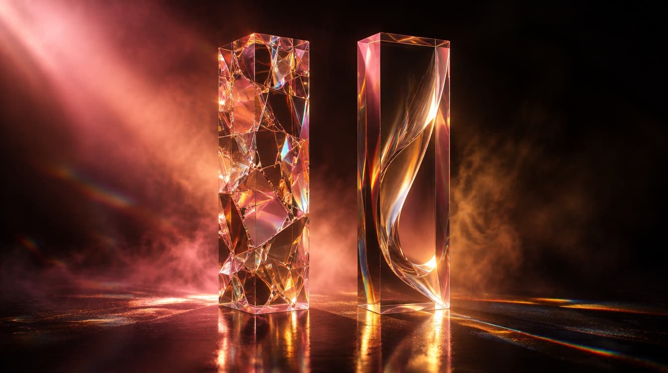 One glass panel built from many small assembled fragments beside another carved from a single solid block, both at equal height