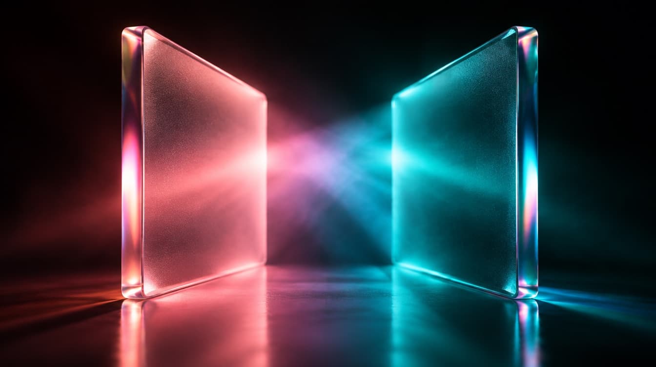 Two frosted glass panels facing off across a gap, one lit rose and one lit deep teal, their light meeting in the space between