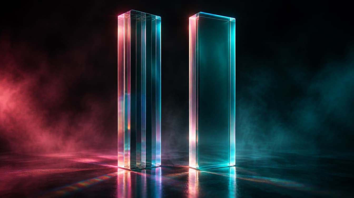A tall glass slab with its internal layers stacked visibly inside, beside a second slab whose interior is one continuous unbroken block