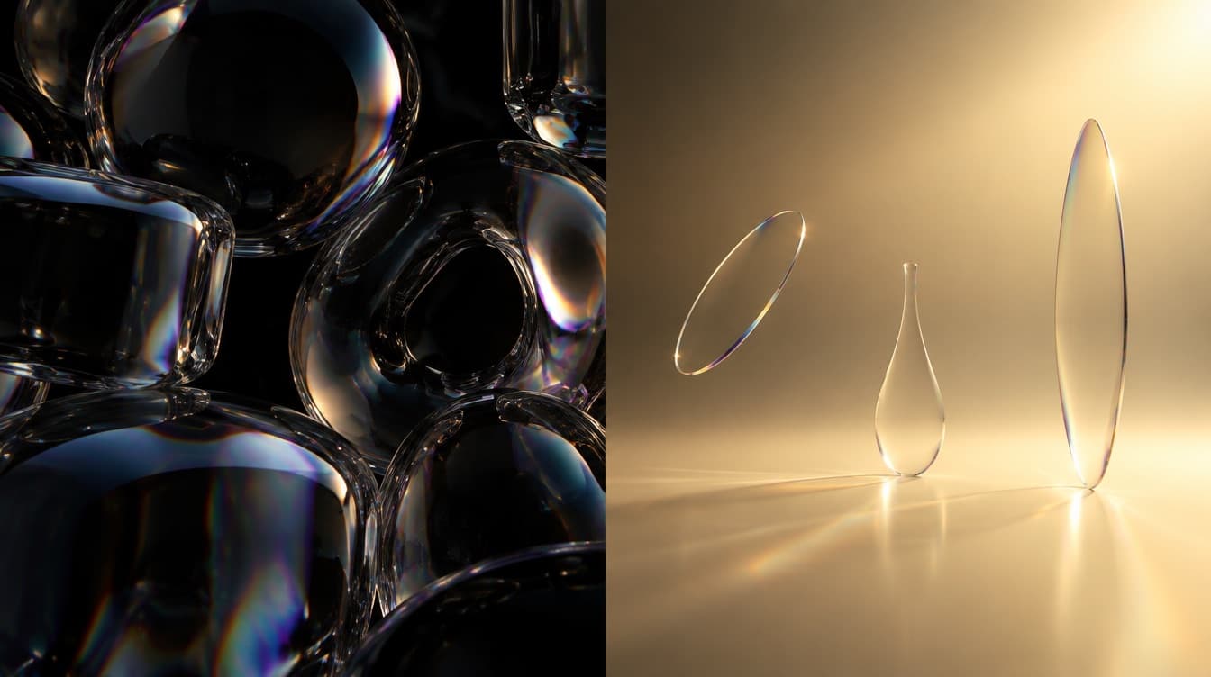 A split frame with thick heavy glass forms packed close together on the left and three hairline thin forms with vast space around them on the right