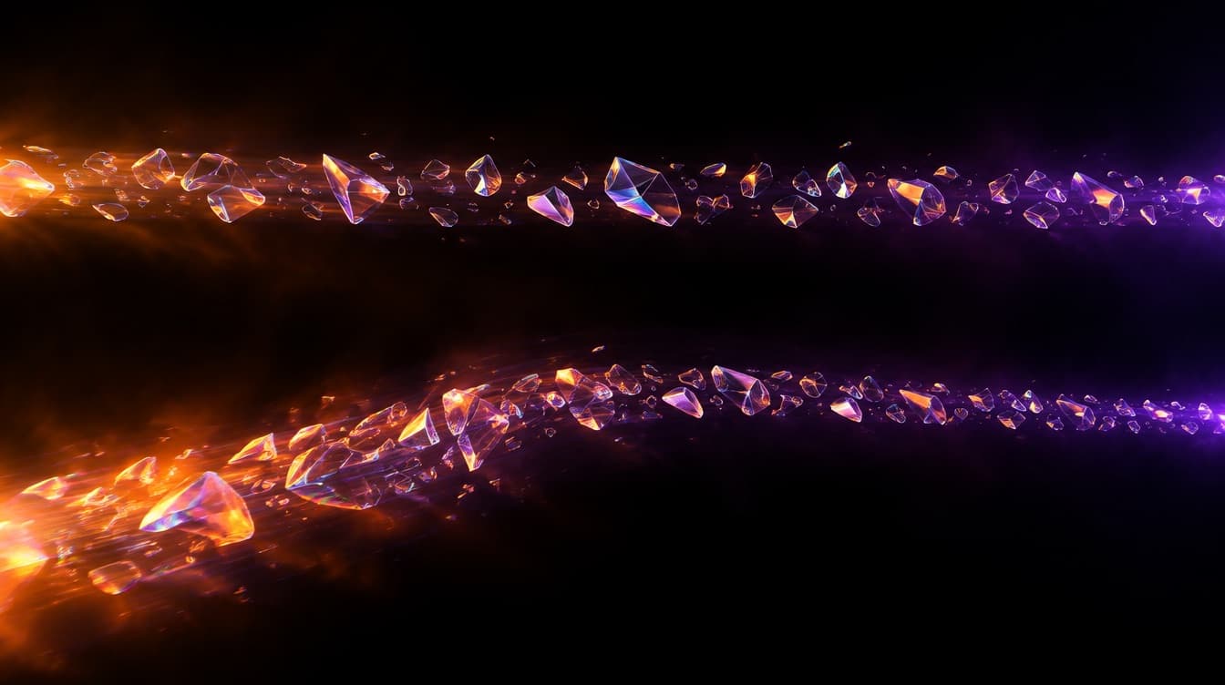 Two parallel motion trails of glass fragments, the upper moving at an even mechanical pace, the lower accelerating then settling on a clearly eased curve