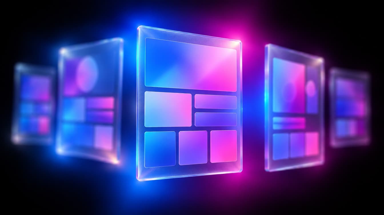 Five frosted glass panels floating at different depths in black space, each holding an abstract layout of colour blocks, the centre one sharp and the rest falling into motion blur