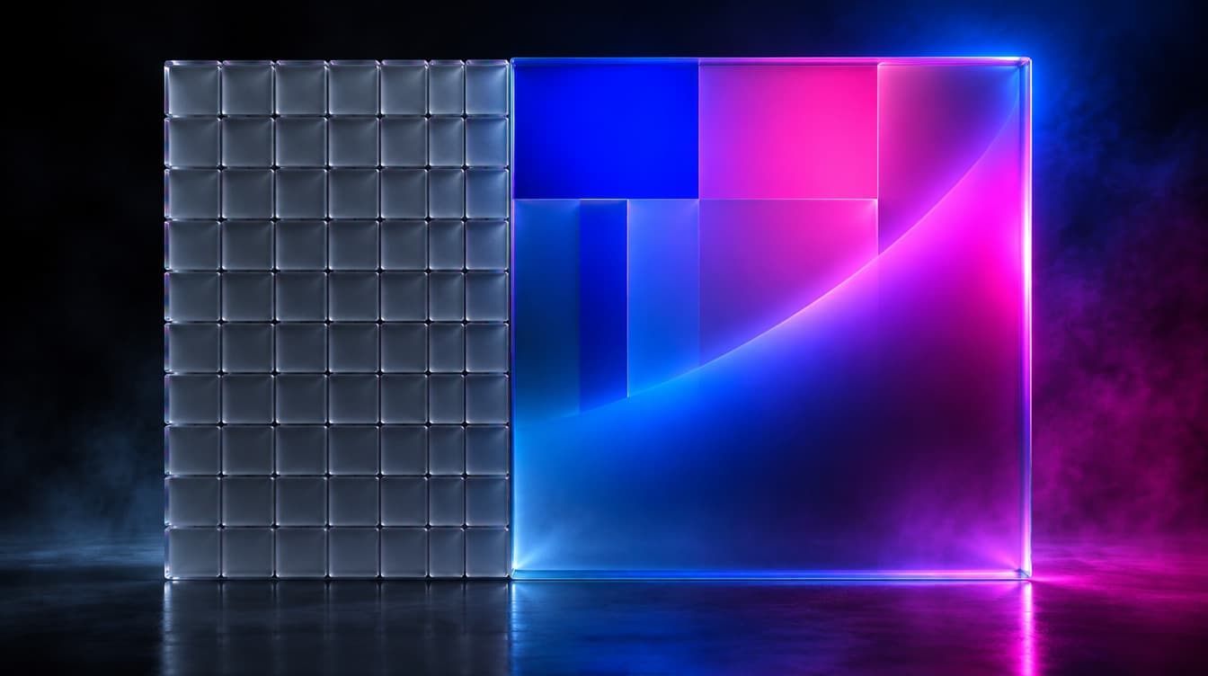 A vertical seam with a grid of small identical grey glass tiles on the left and one large glass panel of saturated colour blocks on the right, lit from the right only