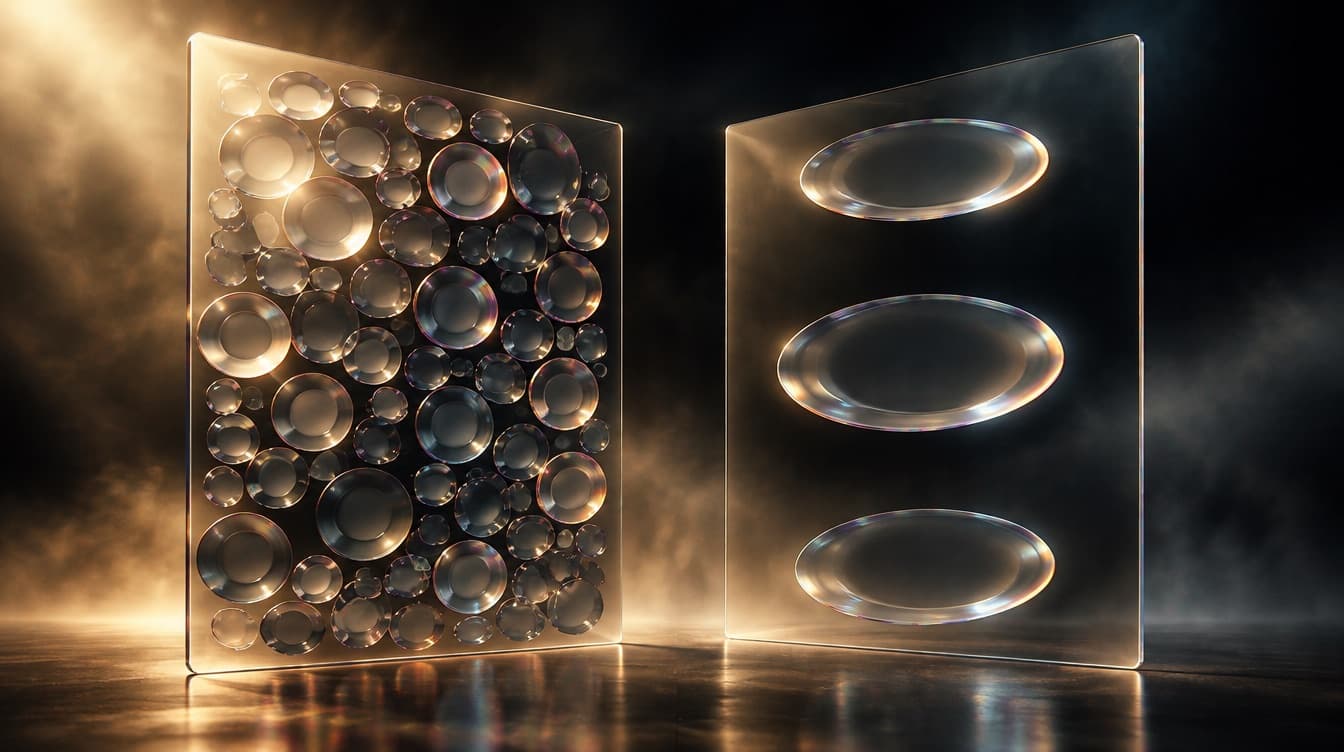 Two glass panels, the left crowded with many small competing plates and the right holding three large plates with enormous space between them