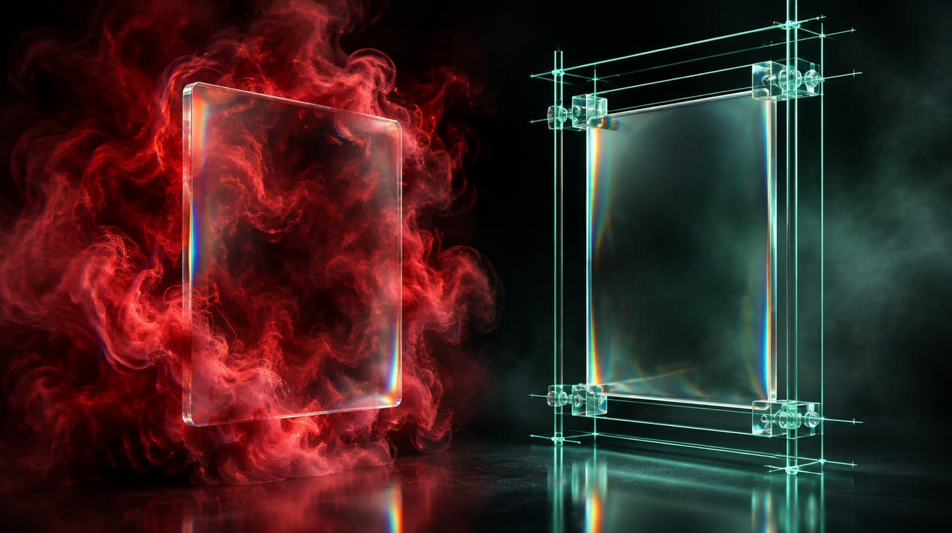 Two glass panels, the left surrounded by a dense cloud of vague swirling mist, the right held inside a precise armature of exact measured rules and guides