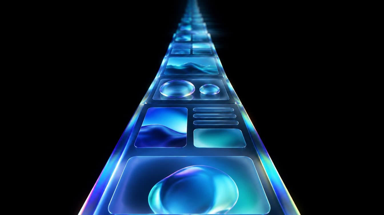 A long vertical glass ribbon scrolling away into black, its surface divided into stacked layout sections that shrink with perspective, lit deep blue into turquoise