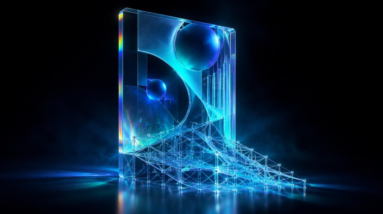 A glass panel holding an abstract layout with a second translucent layer of fine structural lattice running out from its base, the build exposed beneath the surface