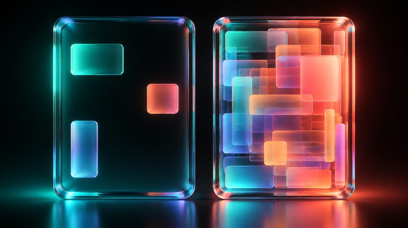 Two glass panels at the same size side by side, the left one nearly hollow with three sparse colour blocks, the right one densely packed with layered blocks and gradients