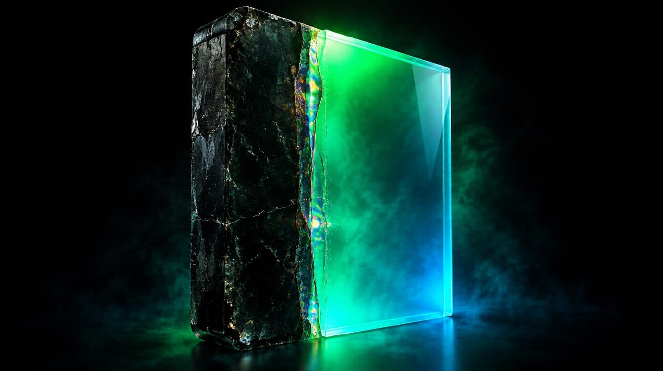 A thick slab of old weathered dark glass with a brand new luminous glass panel fused onto its front face, the join clearly visible, lit emerald and cyan