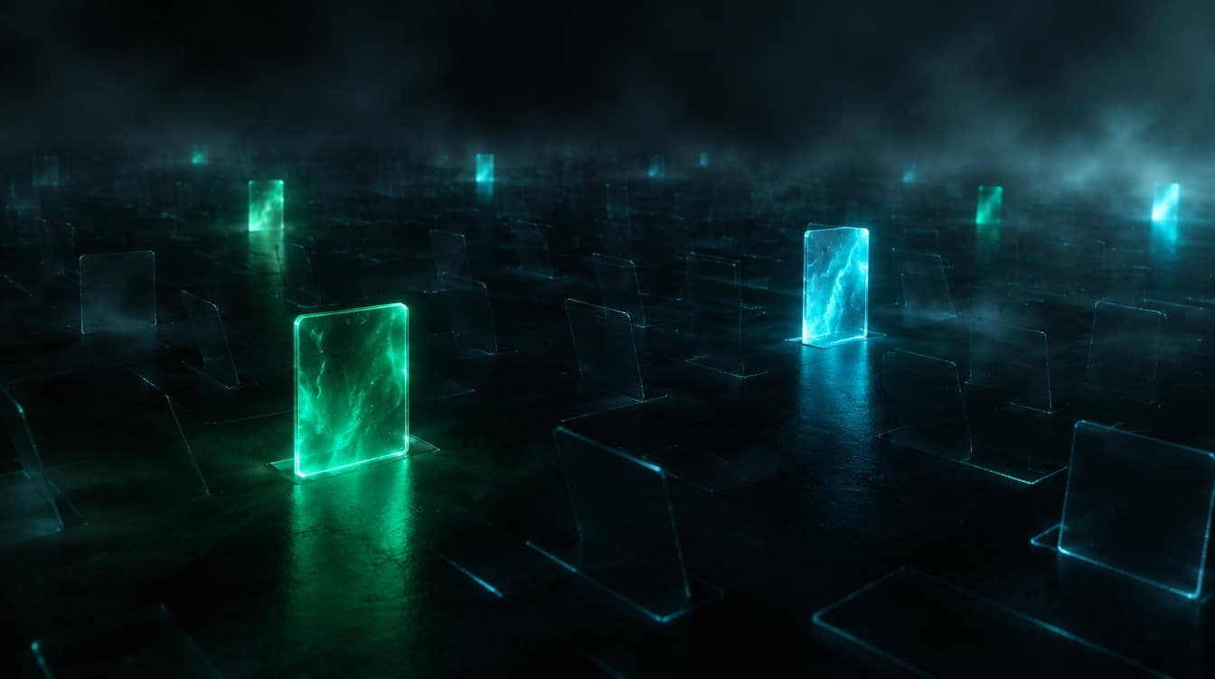 A wide dark plane scattered with the empty sockets of hundreds of glass cards that are no longer there, a handful of real panels still glowing among them