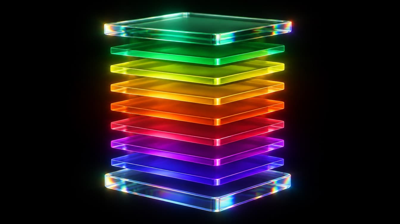 One glass slab exploded into nine floating internal layers, each a distinct band of saturated colour, suspended in order