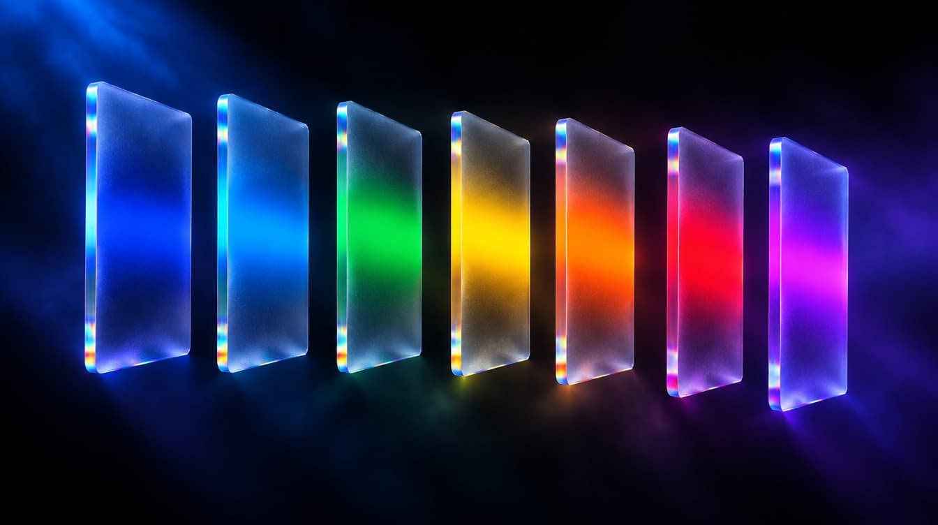 Seven glass sheets separated and floating apart in clear sequence, each holding a different saturated colour band