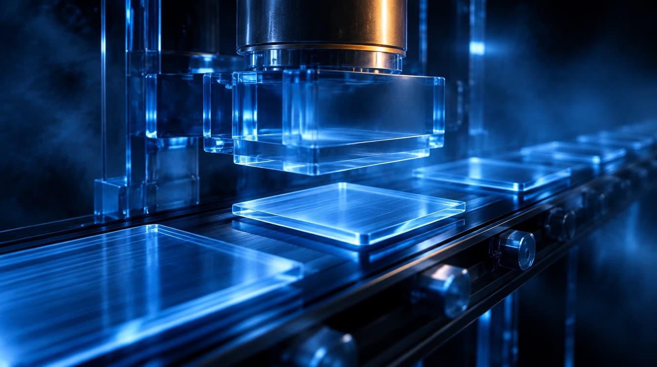 A glass stamping press pushing out one identical translucent panel after another onto a conveyor, every copy the same cold blue, the moving panels trailing motion blur